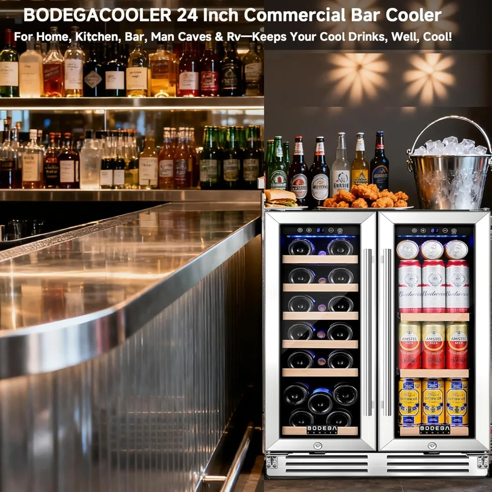 Refrigerador de vinho e bebidas personalizado de 24 polegadas, refrigerador de bebidas de vinho e bar de zona dupla, refrigerador de bar preto comercial com 2 gl