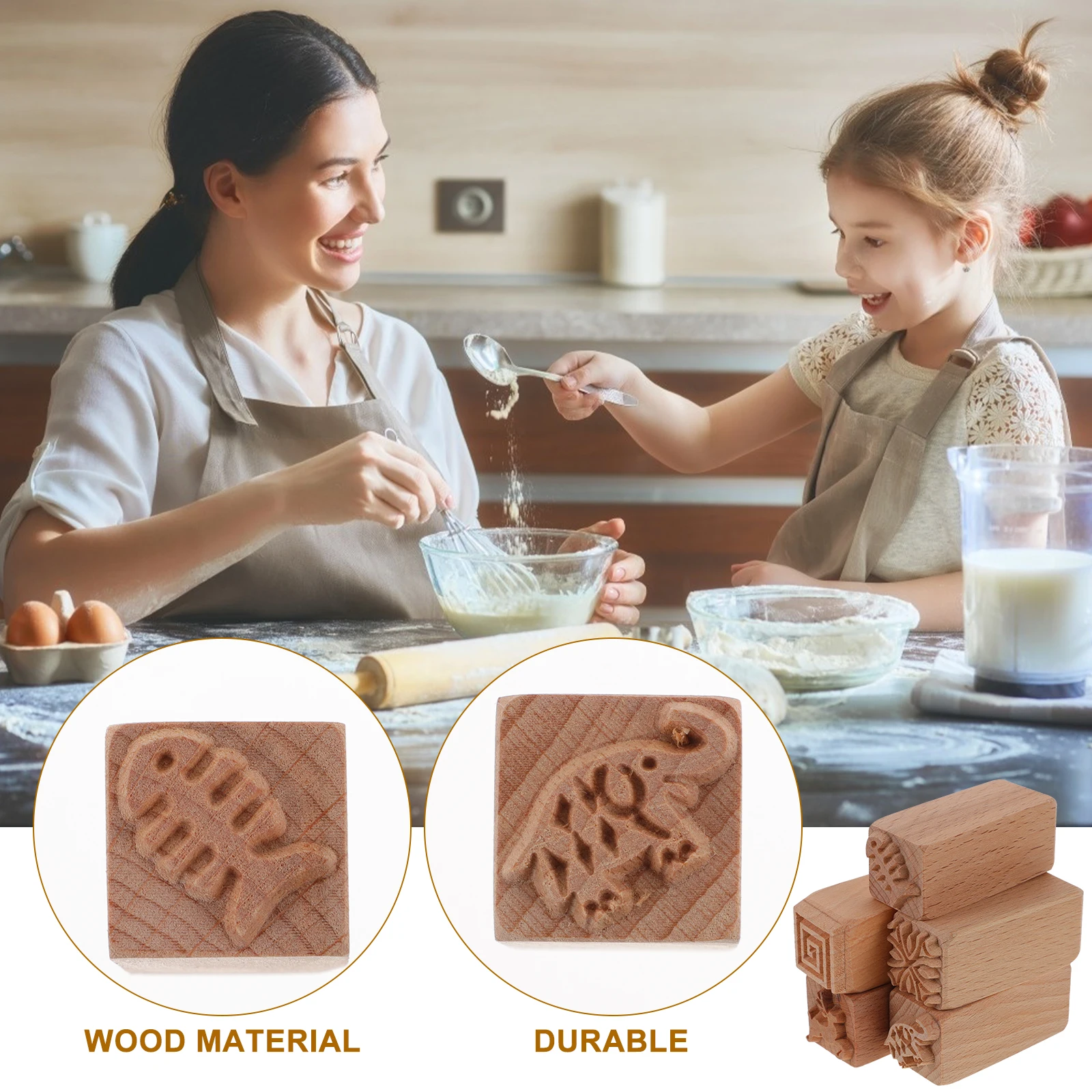 

5Pcs Wooden Moon Cake Stampers Baking Molds Safe Durable Easy Demolding Nonsticky Odorless Antirust Cake Decoration Tool DIY