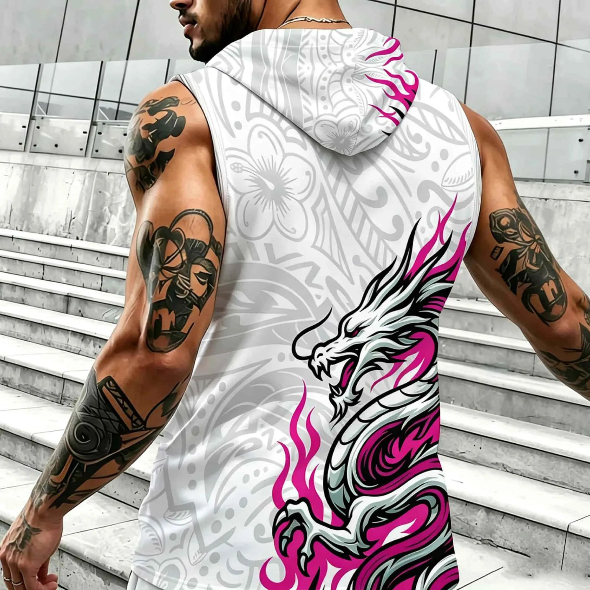 Herrenmode, traditionelles ärmelloses Tank-Top mit Drachen- und Blumenmuster, elastisch, für Fitness, Workout, Strand, Training, Straßensport, Weste – Detail 4