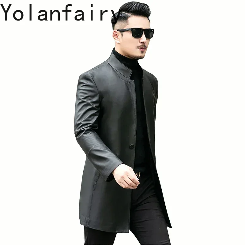 YOLANFAIRY Genuine Leather Jacket Men Medium Long Sheepskin leather Jackets Slim Business Casual Stand Collar Coat Spring Autumn