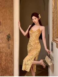 Retro Gold Jacquard Sexy Dress Women's Chinese Style Buckle Velvet Mesh Bodycon Split Strap Vestidos Backless Midi Party Dress