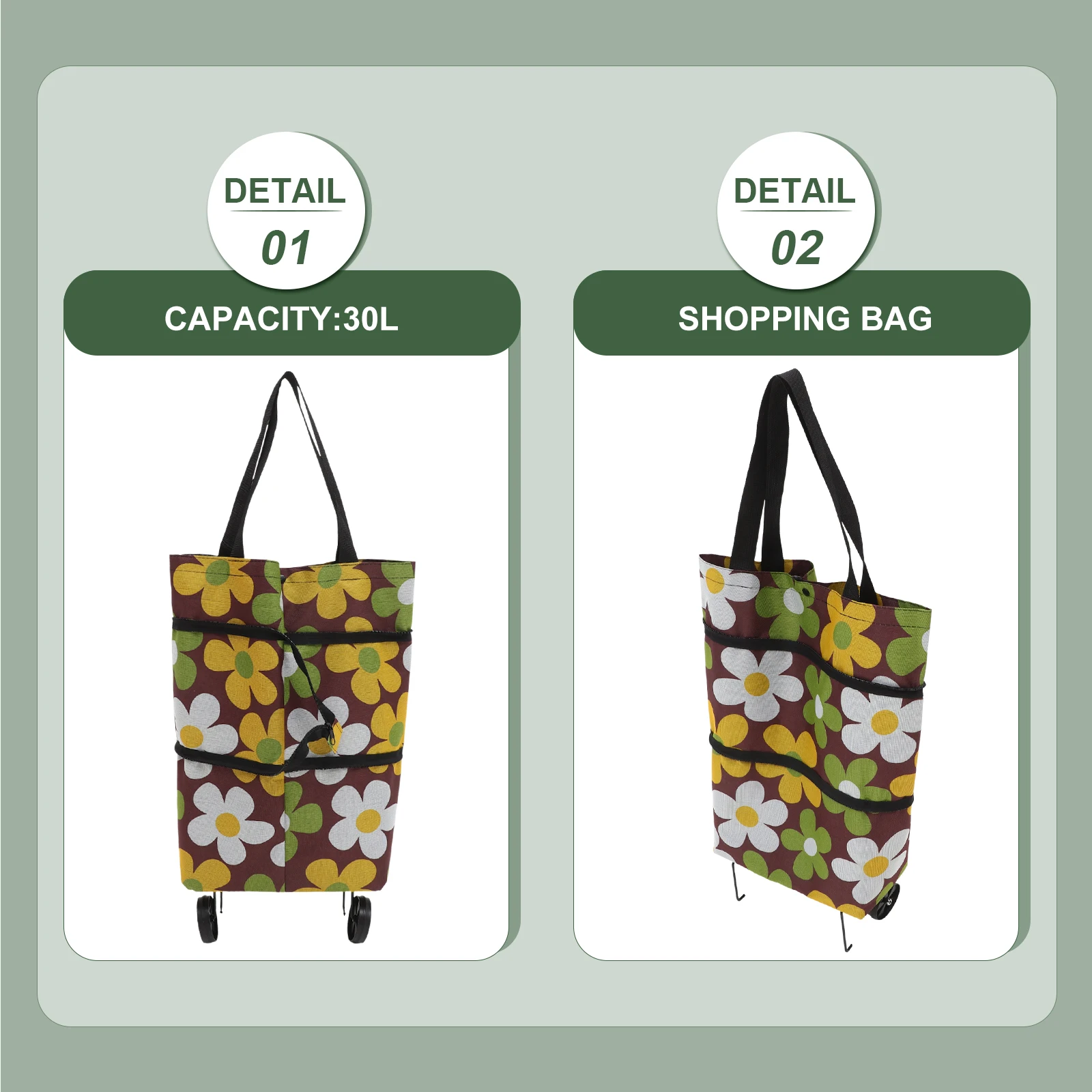 

Foldable Shopping Cart Trolley 30L Large Capacity Grocery Bag with Wheel Portable Collapsible Storage Pouch Reusable