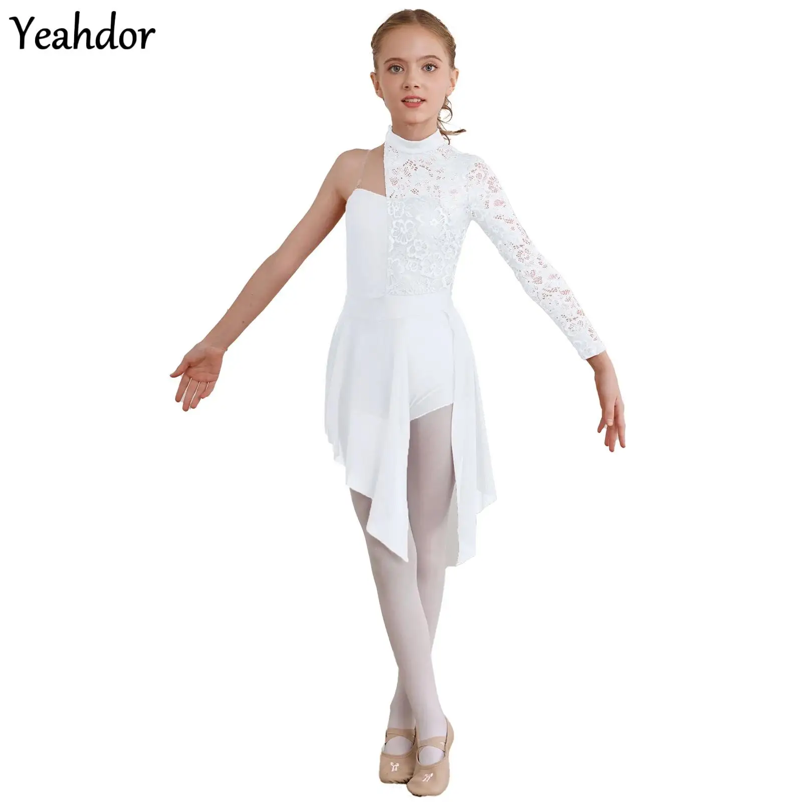 

Kids Girls Floral Lace Figure Skating Dress One Shoulder Gymnastics Ballet Leotard Jumpsuit Latin Cha-cha Lyrical Dance Costumes