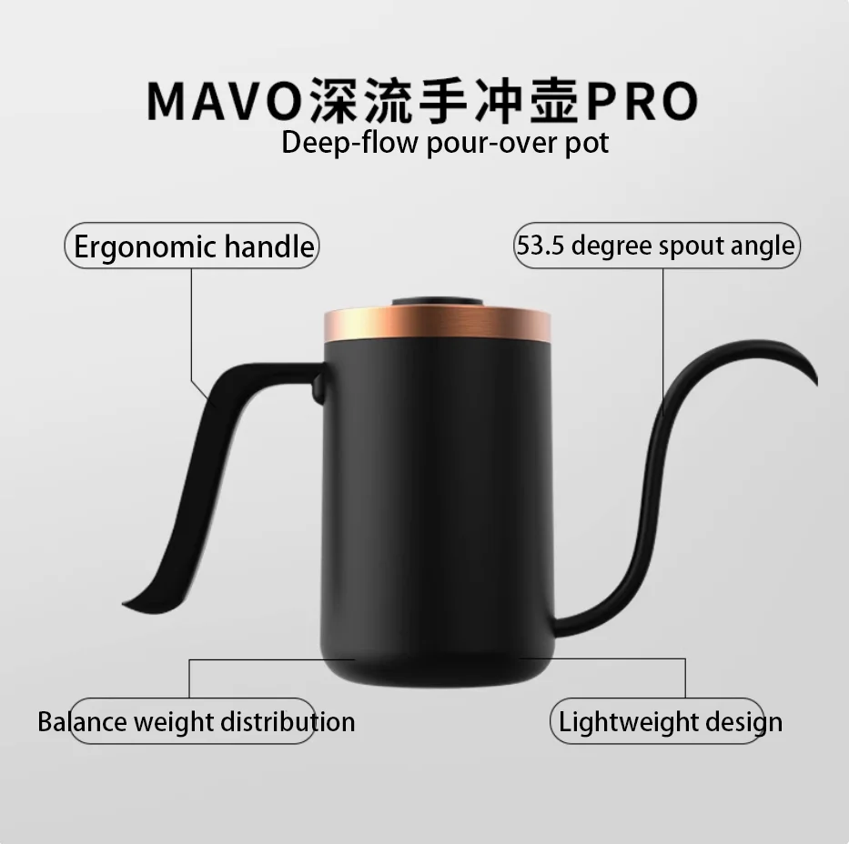 Mavo Deep Flow Gooseneck Kettle, 600ml Lightweight 304 Stainless Steel Coffee Kettle, 390g Easy Control for Professional Brewing