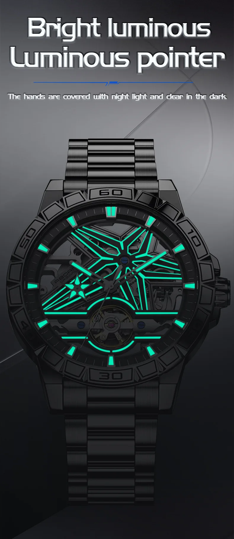 2025 ساعة رجالية جديدة رائعة مزدوجة الجوانب مجوفة عصرية أوتوماتيكية بالكامل ساعة ميكانيكية ضوء ليلي مقاوم للماء ساعة بشريط فولاذي