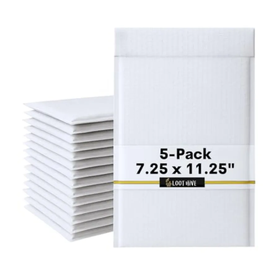 

5-Pack 7.25x11.25 White Poly Bubble Mailers Padded Shipping 1 Envelopes Self Seal Tear Resistant Lightweight Mailing Bags for S