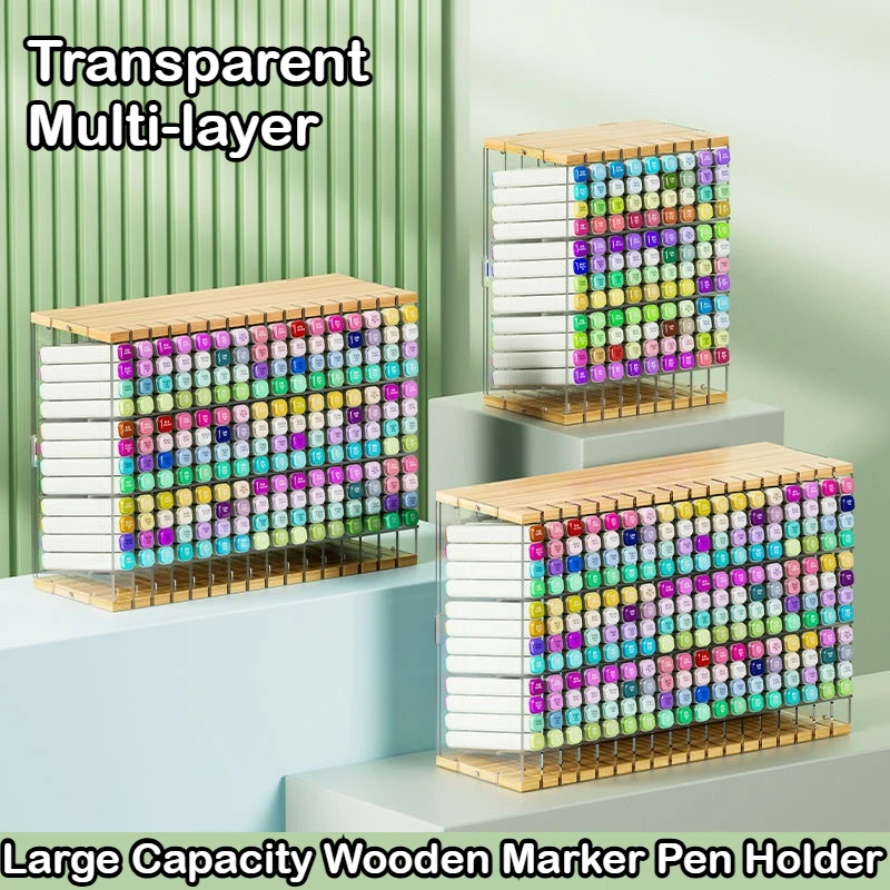

Wooden Transparent Marker Pen Holder Multi-layer Acrylic Marker Case Slanted Insertion Large Capacity Desk Organizer Stationery