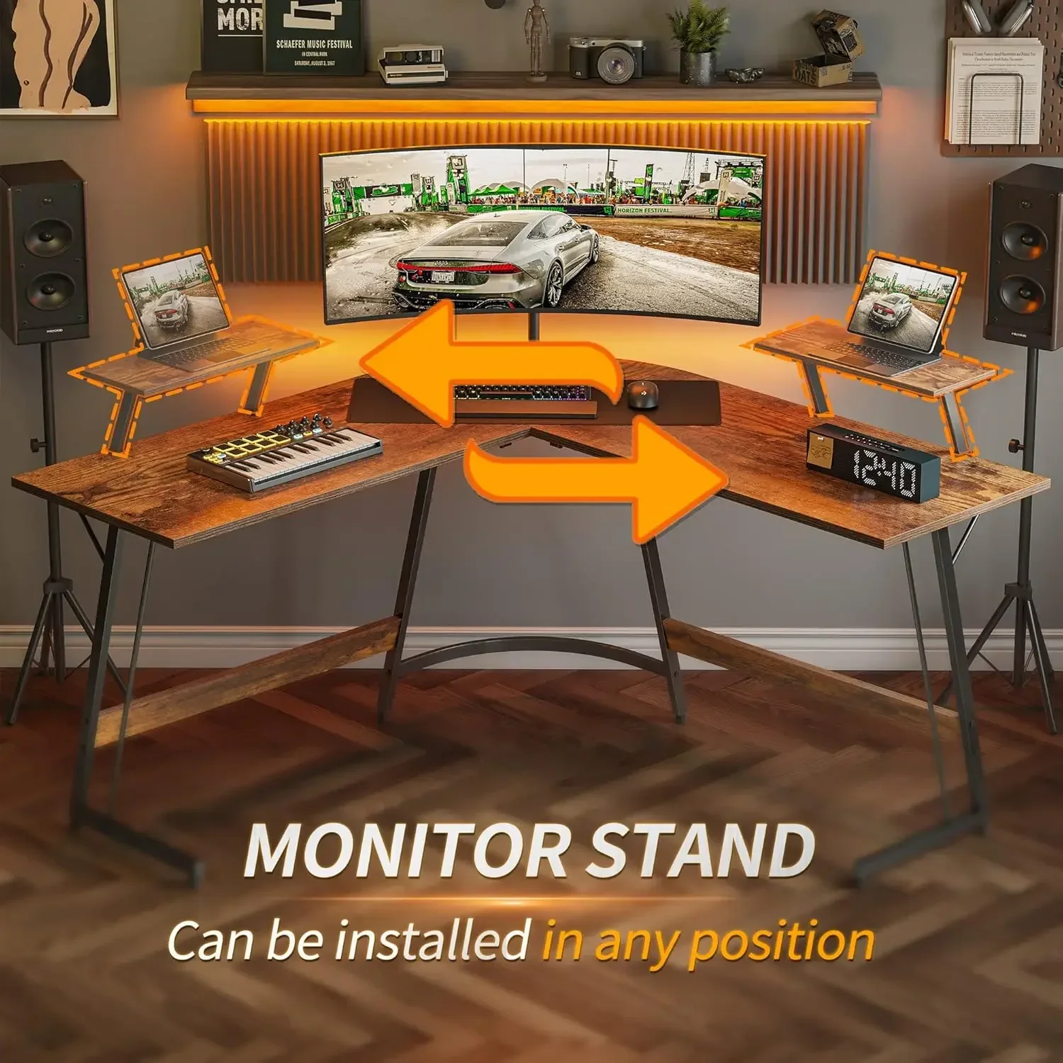 L Shaped Desk, Computer Corner Desk, Gaming Desk with Monitor Stand, Home Office Study Writing Workstation, Rustic Brown