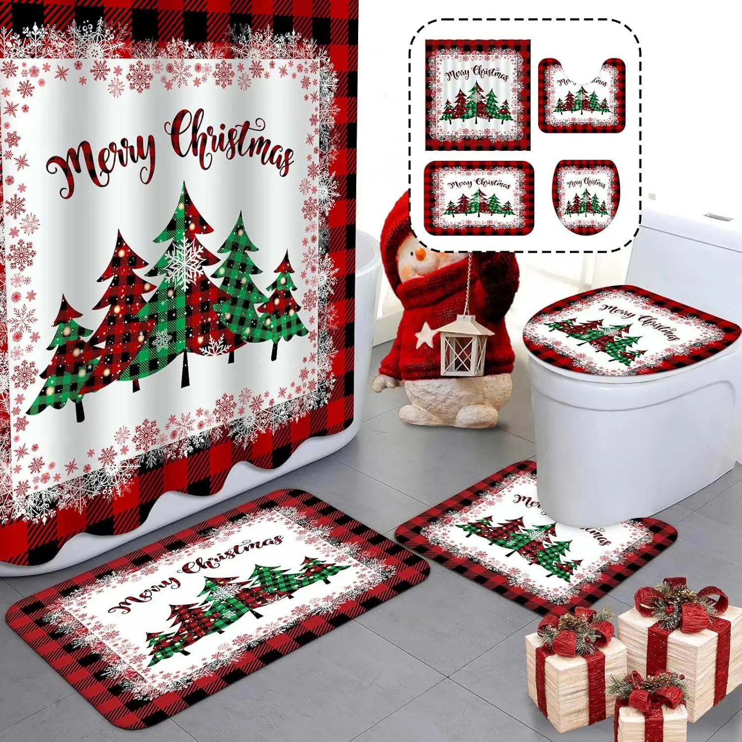 

4pcs Christmas Shower Curtain Sets Merry Christmas Shower Curtain Set Red Buffalo Plaid Bathroom Sets with Shower Curtain and