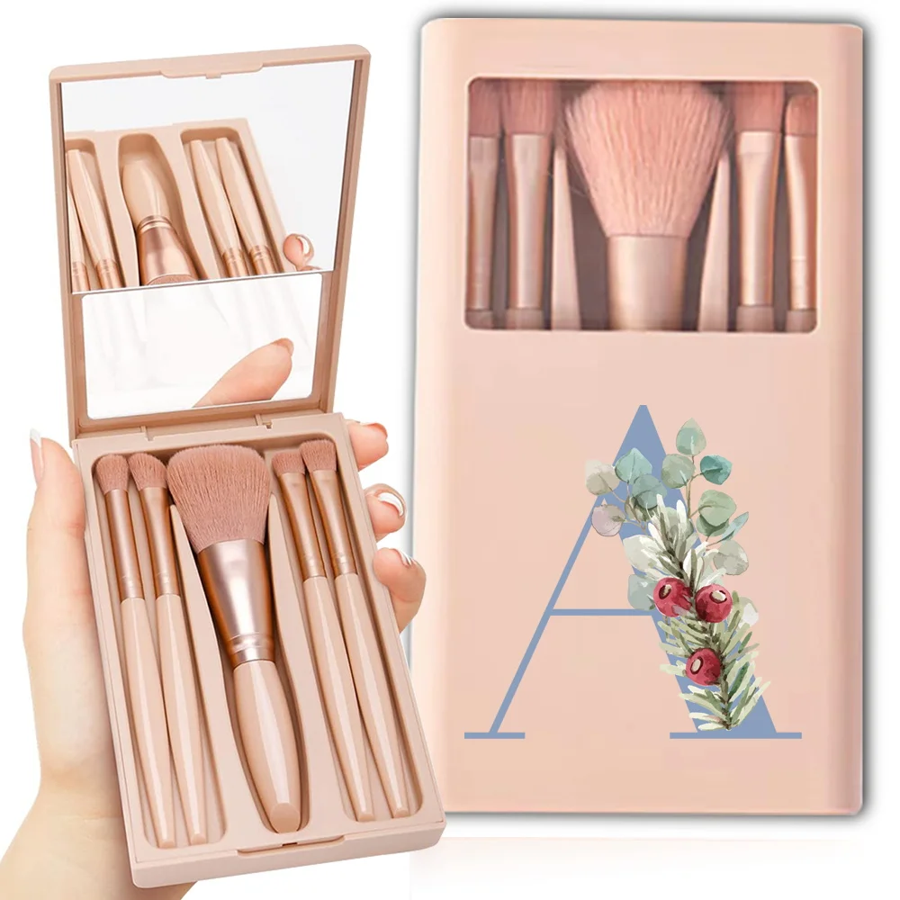 Kit de pinceaux de maquillage portables avec miroir, porte-outil de voyage, boîte à pinceaux cosmétiques, étui à outils de beauté, motif de lettre bleue, 5 pièces