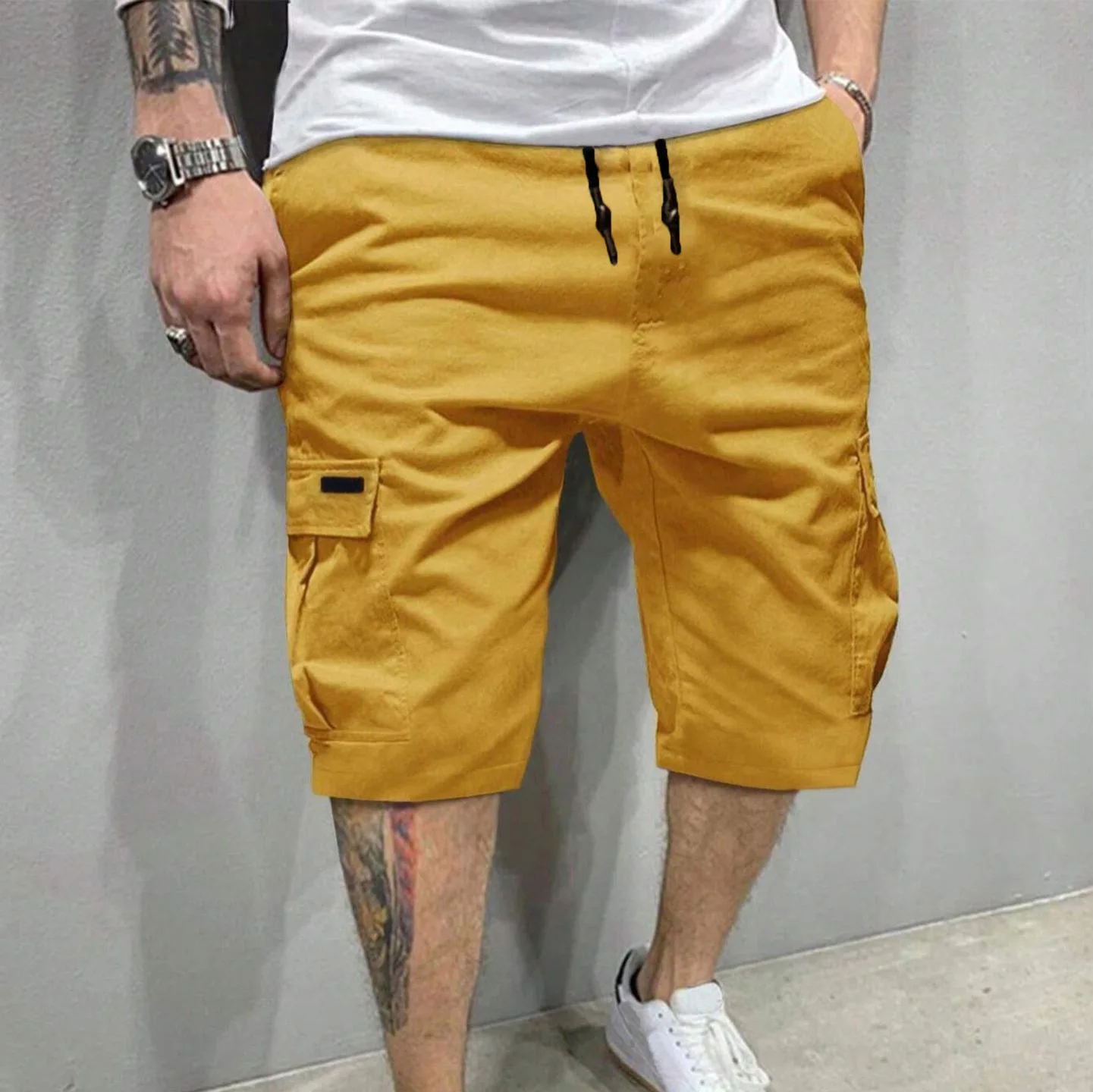 2026 New Fashion Men's Multi Pocket Solid Color Simple Basic Casual Trendy Elastic Cargo Knee Length Shorts Male Cotton Clothes