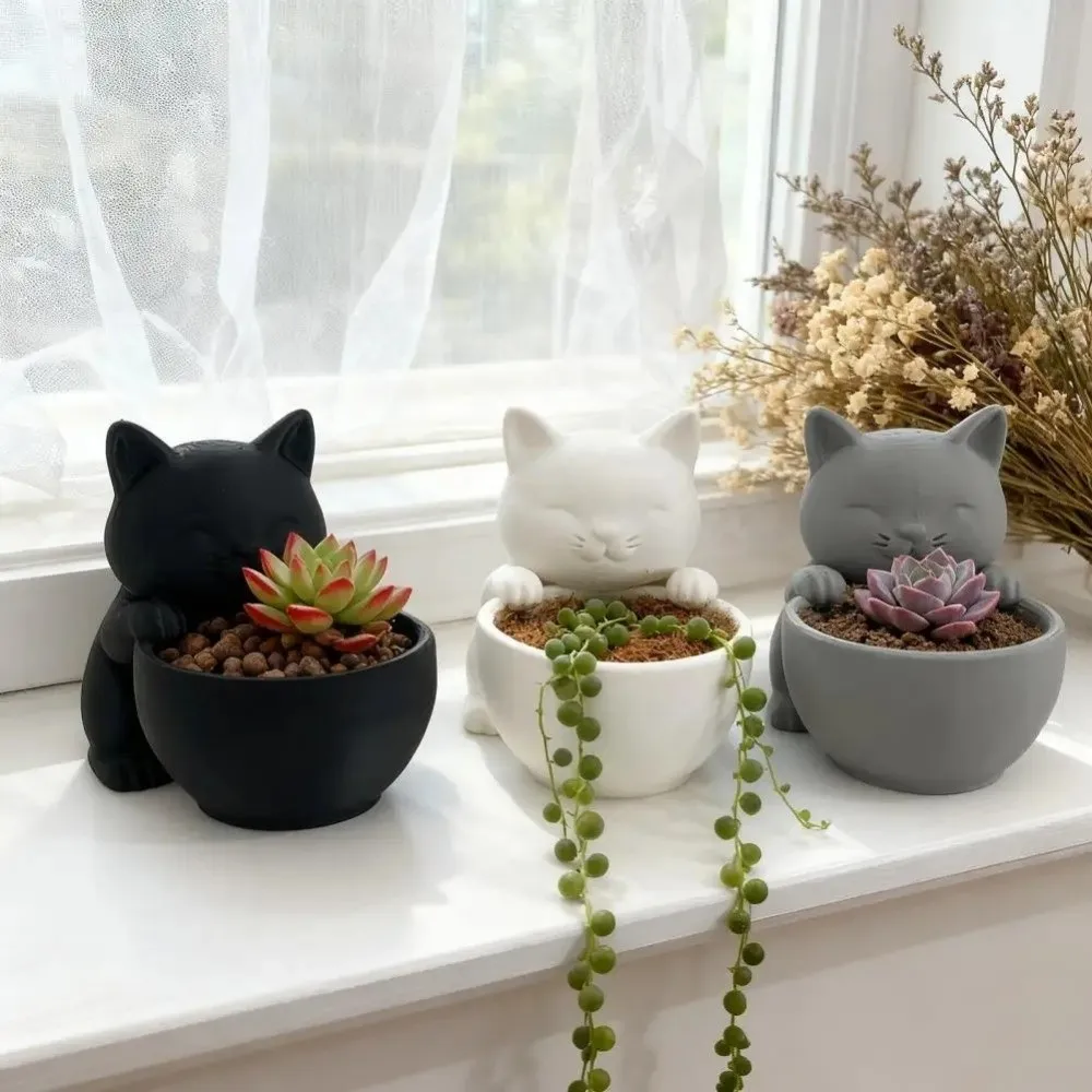 Mini Small Flowerpot with Drainage Holes Uniquely Designed Cacti Potted Plant Cat-Shaped Succulents Planter Pot