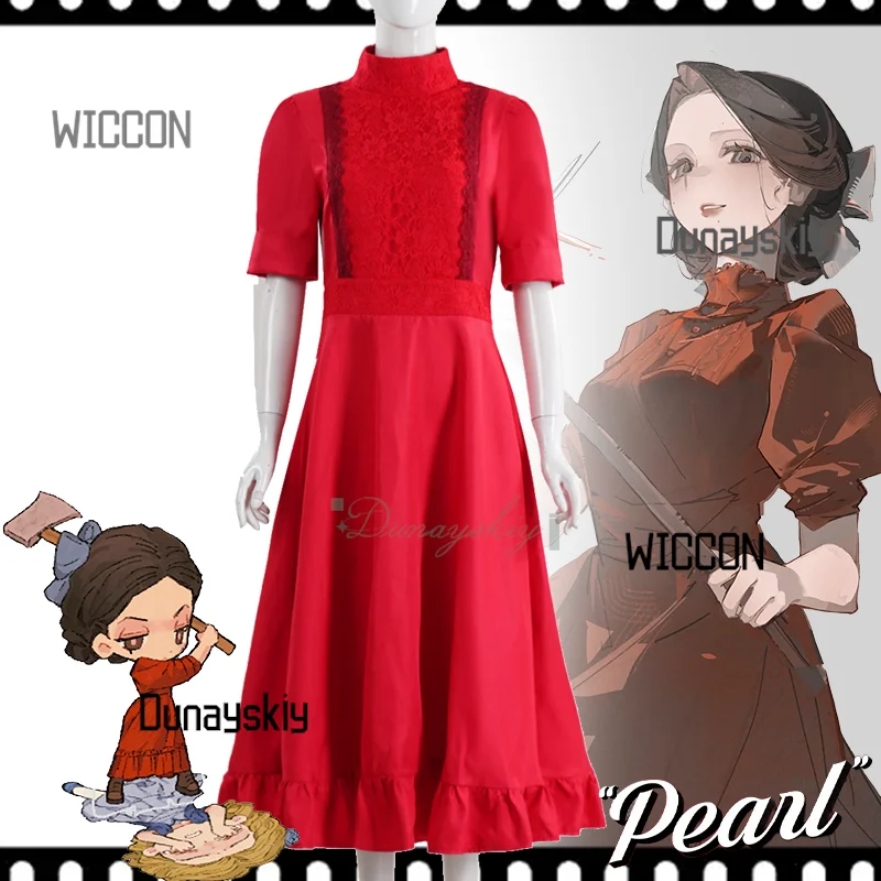 

Horror Movie Pearl Red Lace Women Dresses Cosplay Costume Halloween Party Clothes Role Play Thriller Costume Carnival