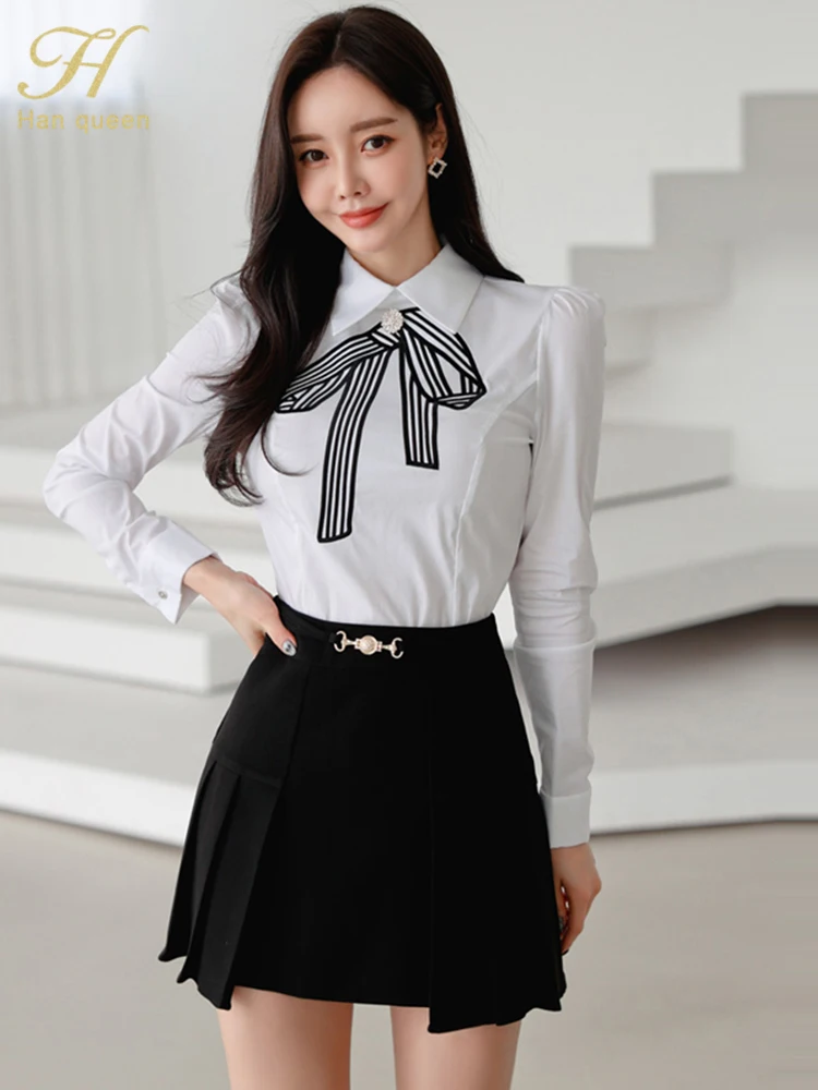 Han Queen New In Matching Sets White Shirts + Short Skirts Korean Set Woman 2 Pieces Chic And Elegant Summer Clothes Women 2024