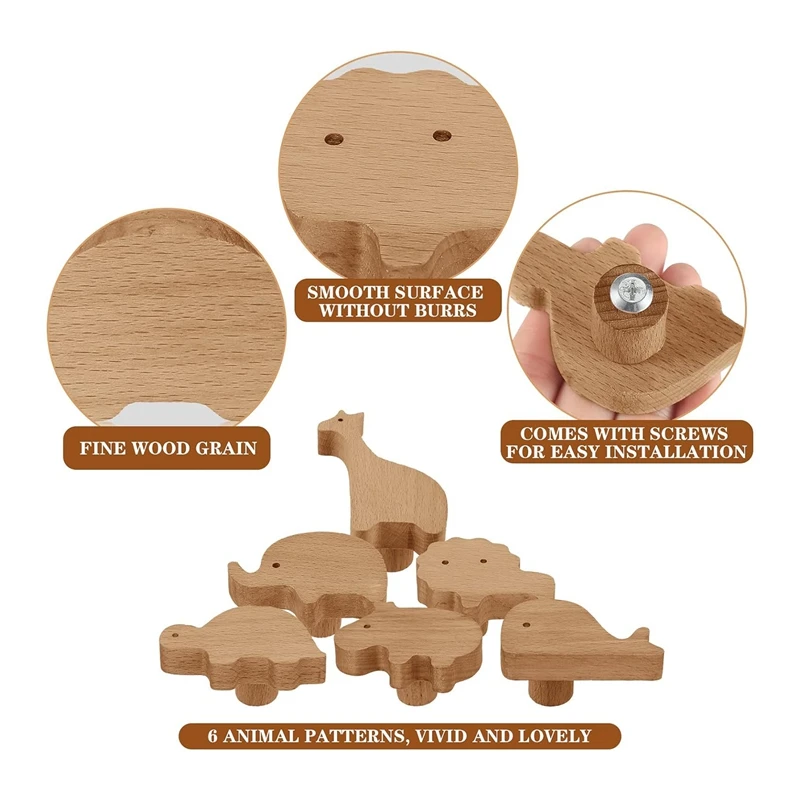 Wooden Animal Cabinet Knobs Decorative Dresser Knobs With Screws Dresser Pulls Wood Marine Woodland Animals Knobs 6Pcs Durable