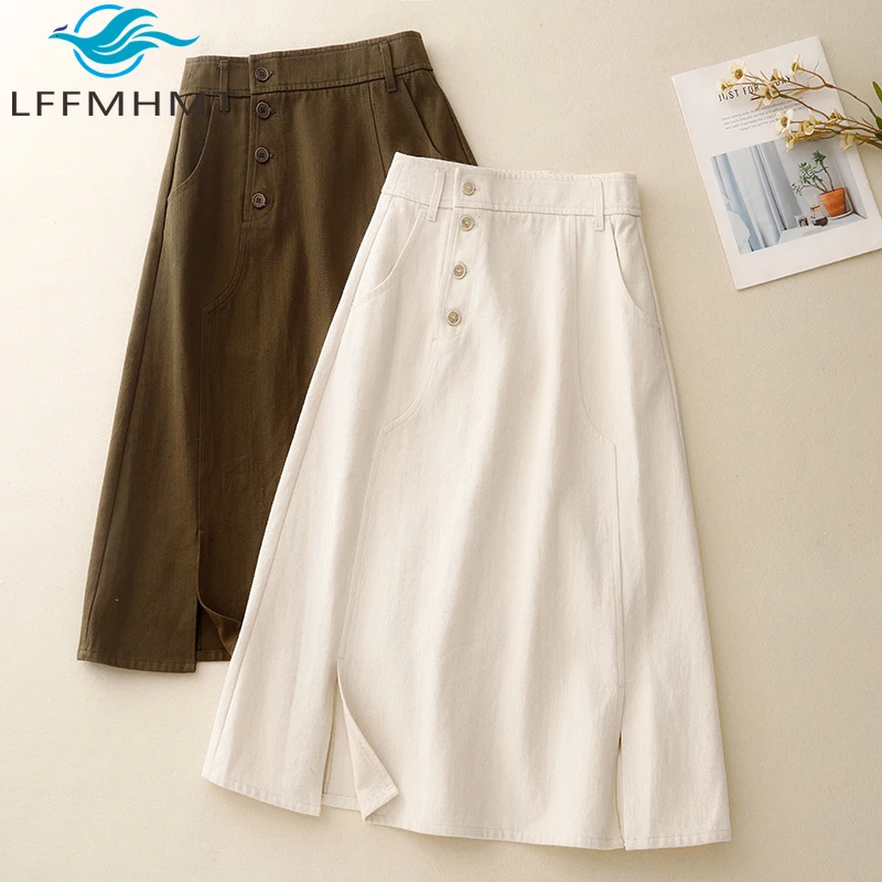

Mid-long Length A-line Skirt for Women Spring Fashion Buckle Decoration High Waist Korean Fashion Elegant Dress Female Clothes