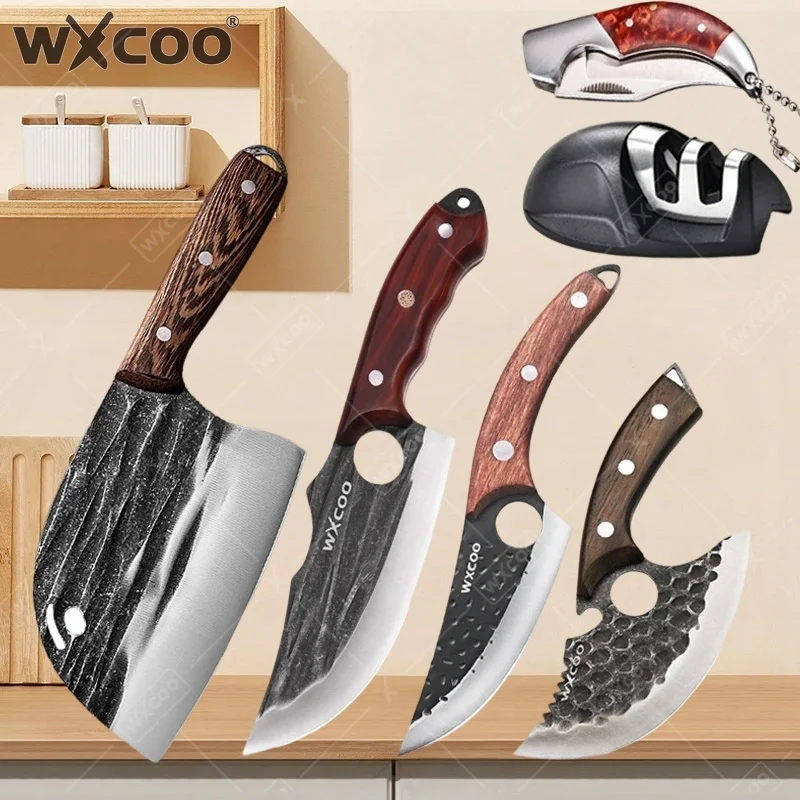 WXCOO Kitchen Utility Knife Stainless Steel Forged Fruit Knife Slicing Butcher Knife Household Blade Wooden Handle Bottle Opener