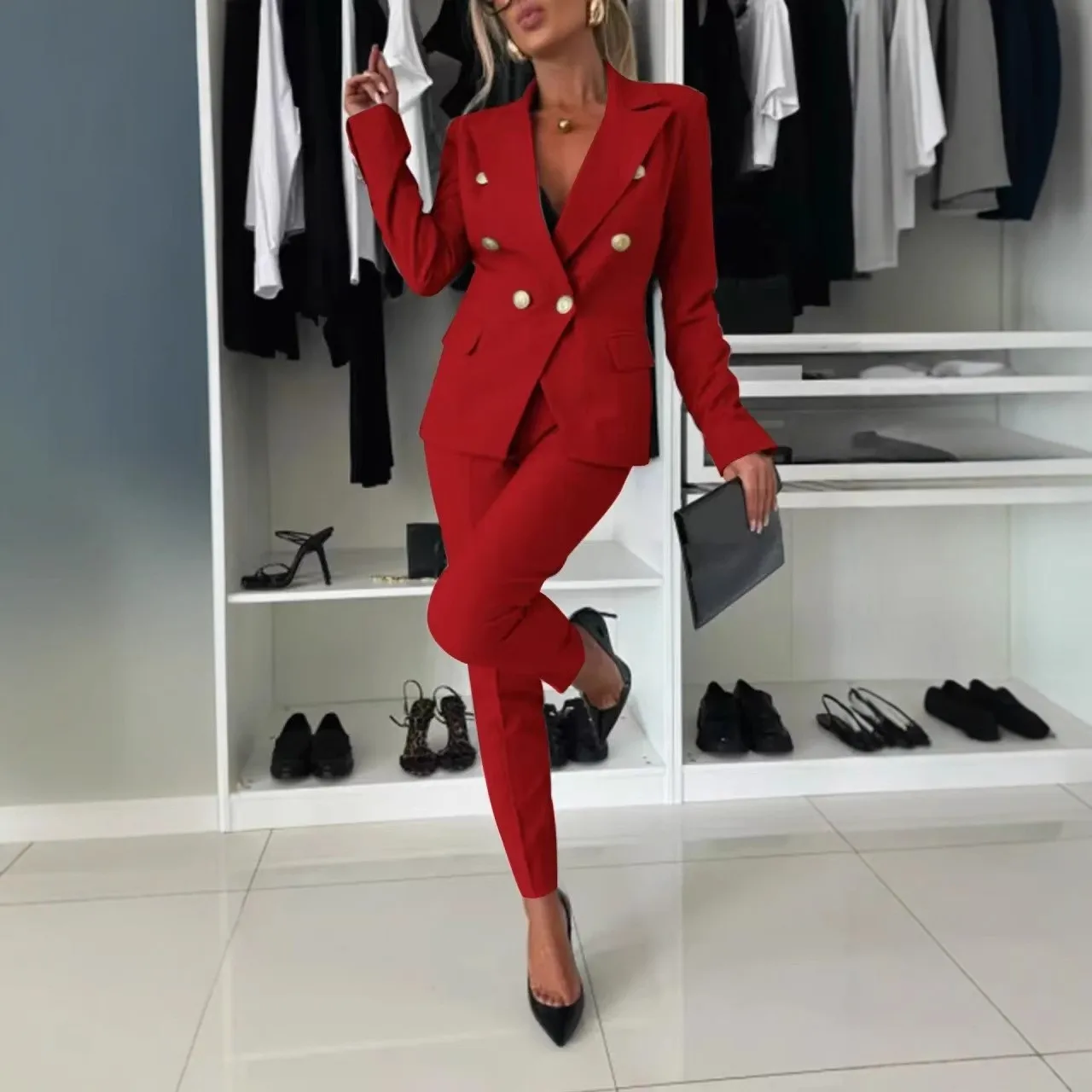 Patchwork Set Button Closure Full Length Commuter Style with Long Sleeve Casual Autumn Blazer Suit Regular Sleeve Women Suit