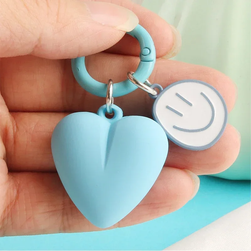 New Cartoon Smile Face Keychain Yellow Pink Blue Big Heart Pendant Key Ring Bag Accessories Decoration For Women Girls