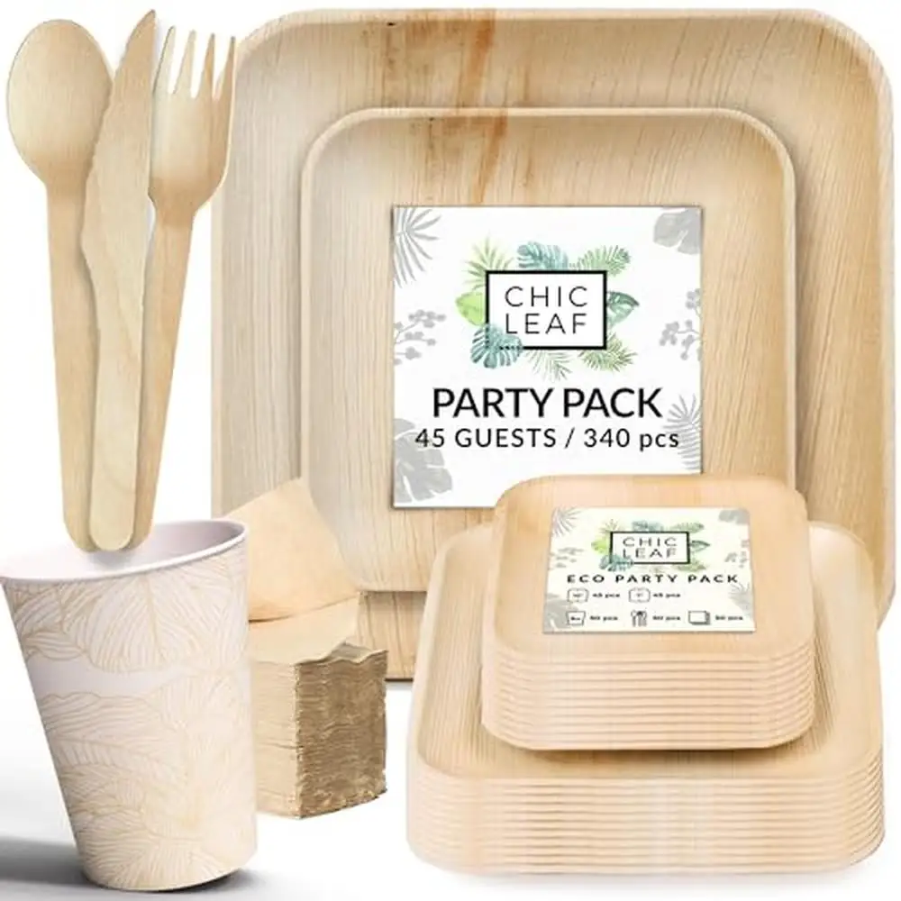 

Biodegradable Palm Leaf Party Tableware Set 340 Pcs Bulk Pack 45 Guests Eco-Friendly Dinnerware with Cutlery