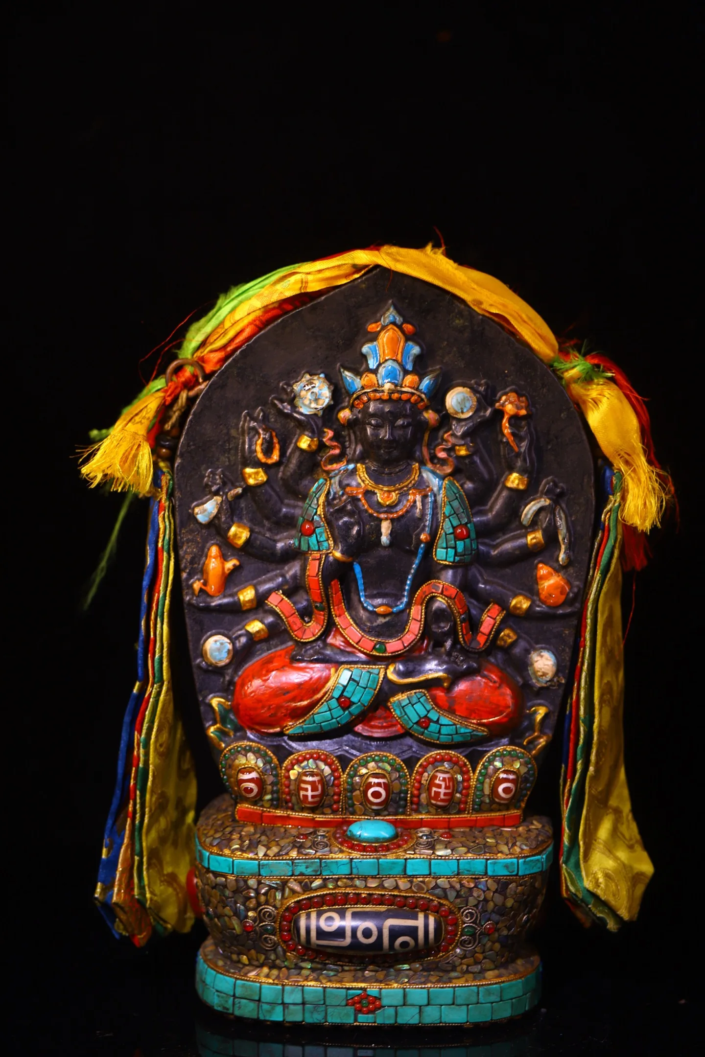 

Old Meteorite Painted Mosaic Gem gZi Beads Turquoise 1000 arm Guanyin Cundhi Bodhisattva Buddha Plaque Buddhist Niche Base