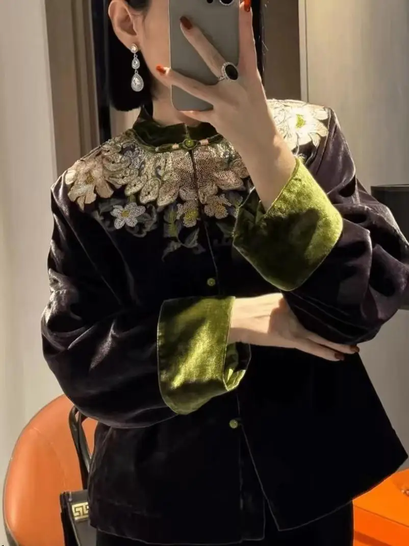 Outono Inverno Novo Chinês Sle Pesado Bordado Ouro Veludo Algodão Jaet Feminino Faionable Mom Vintage Top Tubo Reto...