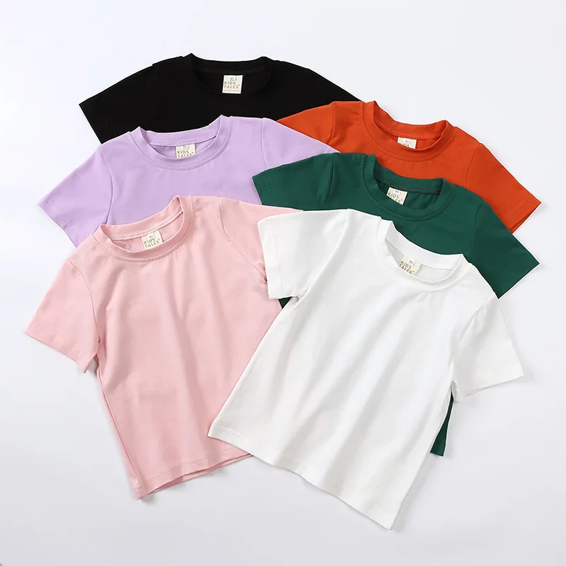 T-shirt d'été 2026 confortable 95 % coton, nouveau style coréen, couleur unie, manches courtes pour garçons et filles