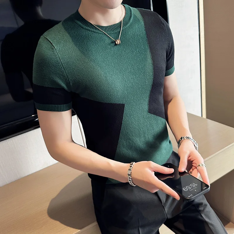 2023 Summer Contrast Color Knitted T-shirt Men Short Sleeve Round Neck Sweater Pullover Casual Business Social Tee Men Clothing