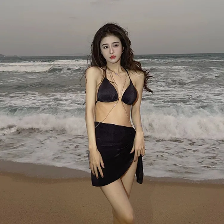 수영복 여성 순수한 욕망 체인 섹시한 스플릿 트라이앵글 비키니 3 피스 세트, 얇은 명주 그물 휴가 온천 수영복