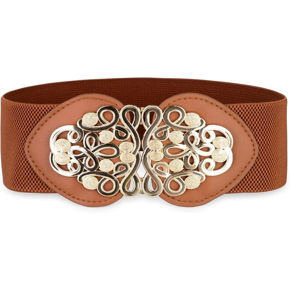 BlackButterfly Wide Elastic Cinch Stretch Waistband Retro Gold Medusa Buckle Waist Belt