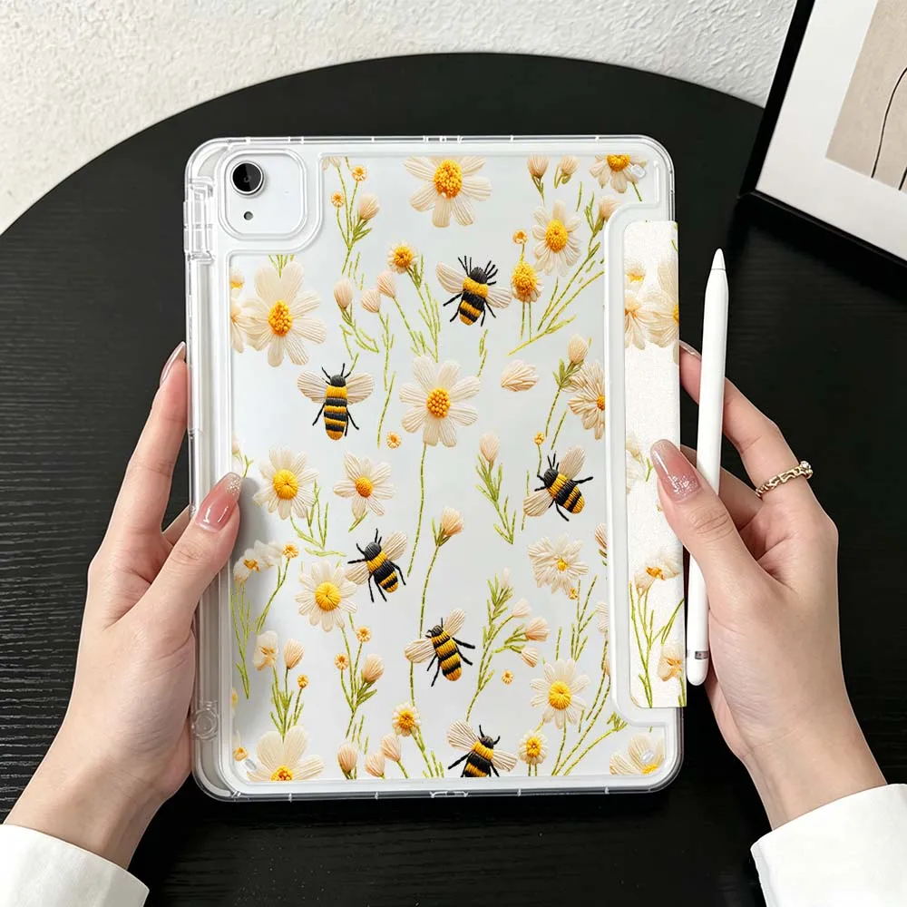 Daisy Bee Pattern Case For iPad Mini Pro Air 5 6 7 8 9 10th 11th 11 9.7 10.9 13 inch Transparent Y-Shaped Folding Tablet