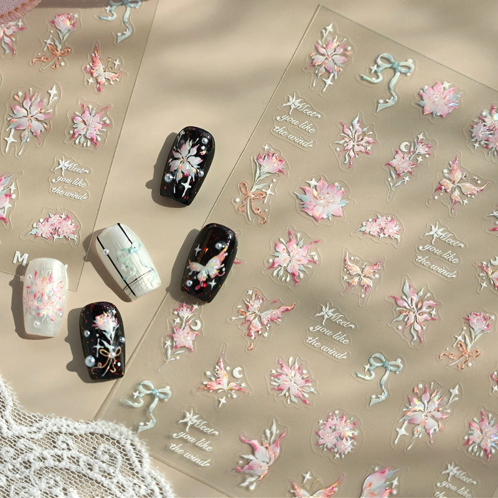 

Shiny Polarized Pink Blue White Flowers Butterfly Moon Stars Bowknot 3D Self Adhesive Nail Art Stickers Dreamy Manicure Decals