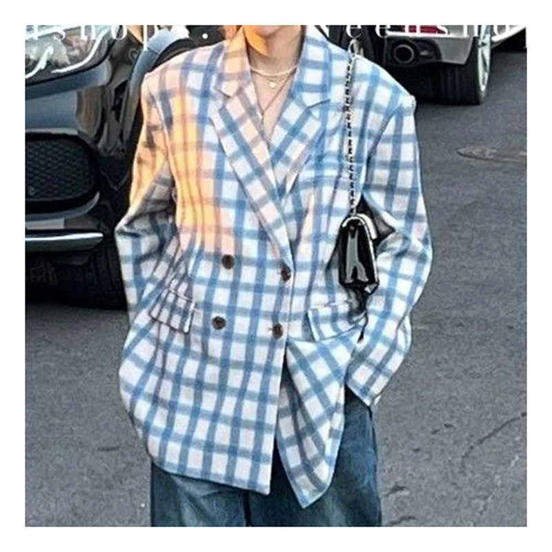 Korean  blue and white checkered  contrasting color double breasted loose casual suit jacket for women  coat