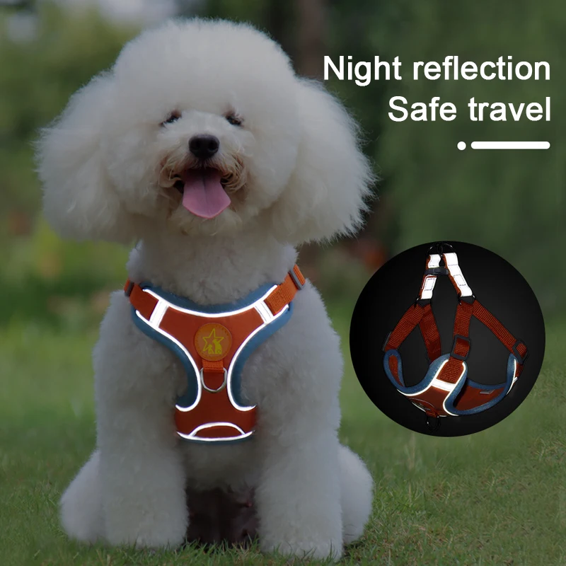 Conjunto de coleira ajustável para cães pequenos e médios, colete refletivo para filhotes de cachorro, cinta peitoral para caminhada ao ar livre