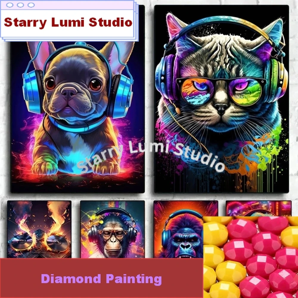 

Алмазная мозаика: Музыкальный DJ-декор для бара/комнаты с изображением животных (обезьяна, кошка, собака) и виниловой пластинкой с наушниками, украшенной стразами