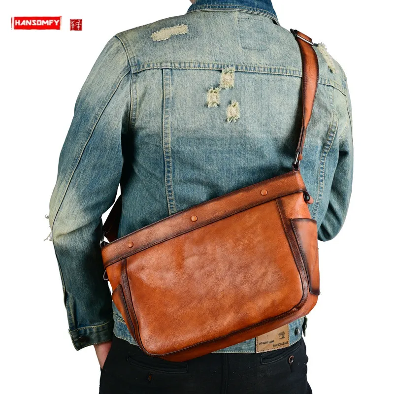 

Genuine Leather Men's Bag Casual Shoulder Messenger Bag Vegetable Tanned Full-Grain Leather Cowhide Crossbody Travel Bags 2024