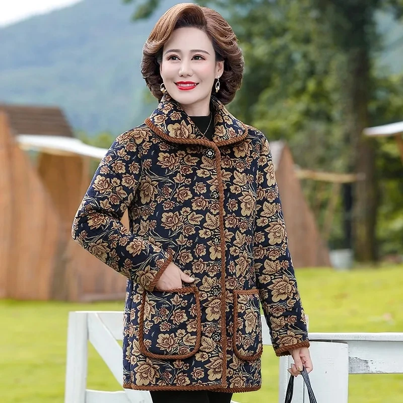 Women Plus Velvet Thicken Parker Coat Fashion Printing Mother Wear Warm Quilted Jacket New Elegant Winter Jacket Outewear Female