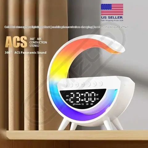 Multifunctional Desk Clock - RGB Smart Ambient Speaker, Bluetooth Speaker, Wireless Bedside Charger, Digital Smart Device, Rechargeable Wireless Unit, Lightweight Portable Audio for Bedroom & Children's Room Decor, Bluetooth Speakers, Bedside Charger