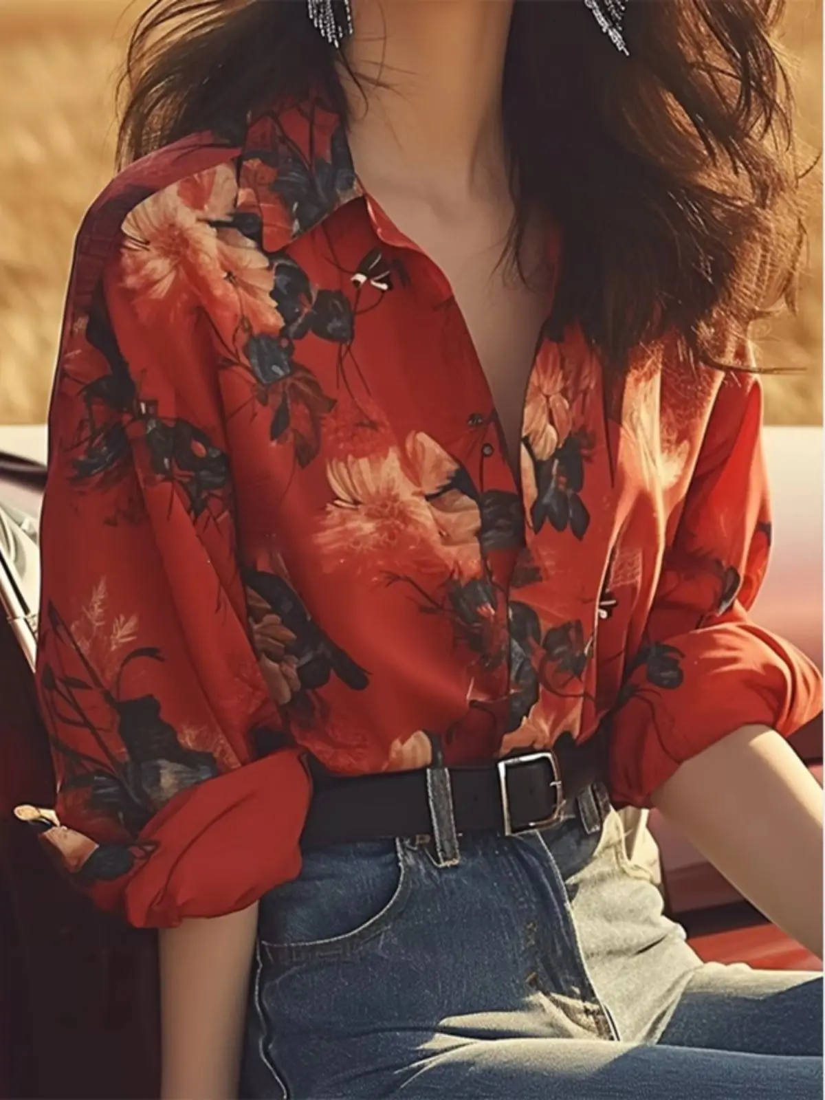 Popular Lightweight Lapel Long-sleeved Button Splicing Top 2025 New Women Autumn French Niche Design Red Printed Shirt