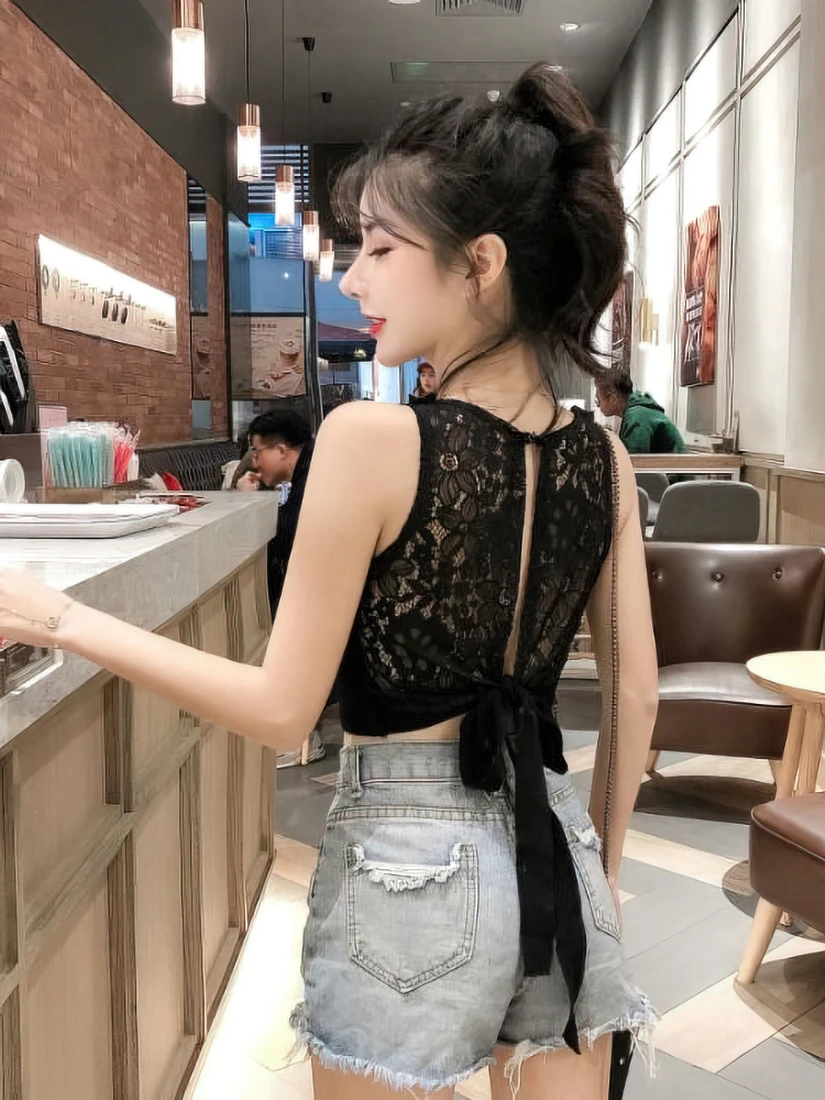 Sexy Lace Tank Top Bow Tied Crop Top Women Backless Hollow Out Sleeveless Shirt Korean Fashion 2024 New