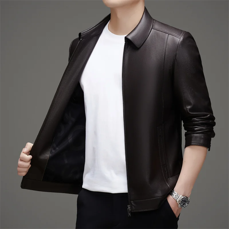 Men's PU Leather Jacket Casual Lapel Collar Zip Up Lightweight Motorcycle Jacket Business Casual Faux Leather Coat for Men