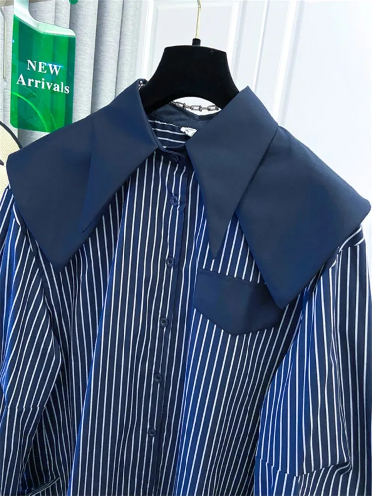 Outono inverno camisas femininas retalhos listrado senhora blusa gola de marinheiro casaul feminino topos roupas de manga longa