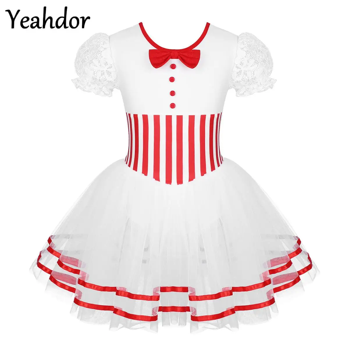 

Girls Christmas Ballet Dance Tutu Dress Lace Puff Sleeves Stripe Print Bow Mesh Candy Can Dress Gynastics Skating Leotard Dress