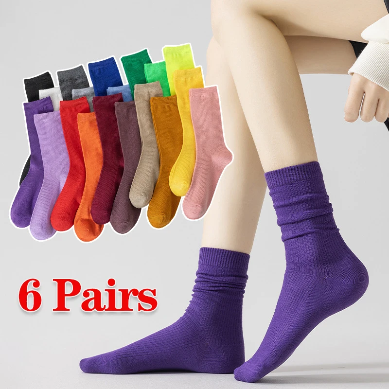 

Random 6 Pairs Pure Colorful Socks Women's Fashion Striped Candy Color Comfortable Sweat Absorbing Breathable Casual Socks
