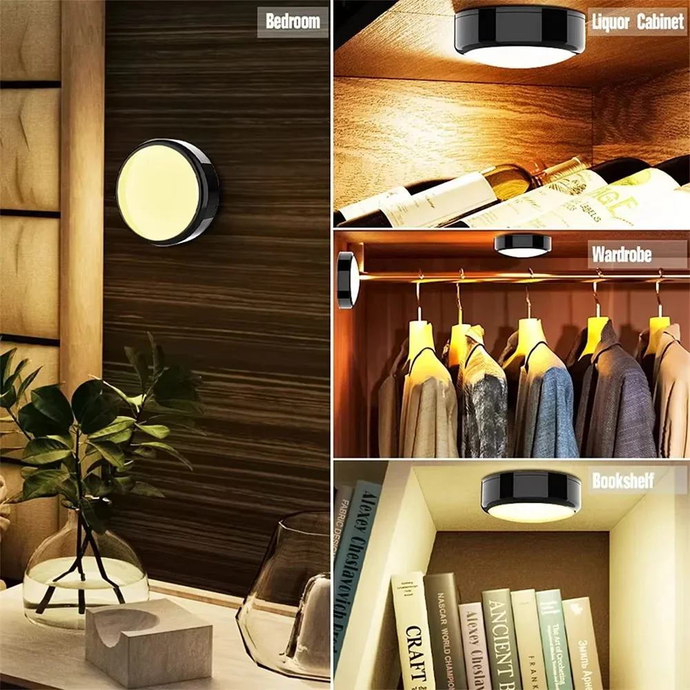 RGB LED Puck Night Lights Remote Control Dimmable Under Cabinet Light Battery Operated Wireless Push Lamp Kitchen Closet