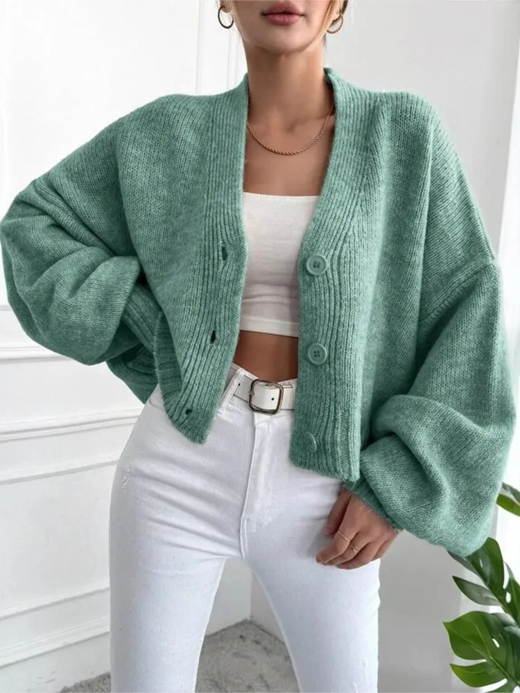 

Nice Autumn Winter Cardigans Women's Casual Loose V-neck Lantern Sleeves Knitted Sweaters Single Breasted Commuting Clothing