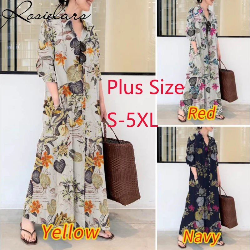 2024 Summer Dress Plus Size 3XL 4XL 5XL Cotton Linen Pocket Maxi Dress for Women Blouses Streetwear Loose Casual Long Dresses