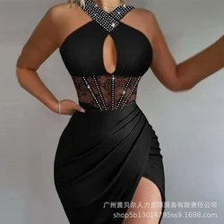 Women Dress Sexy Mid Length Dresses Slim Fit Sheath Sleeveless V Neck Hip Wrap Elegant Splice Solid Tight Waist Vestidos