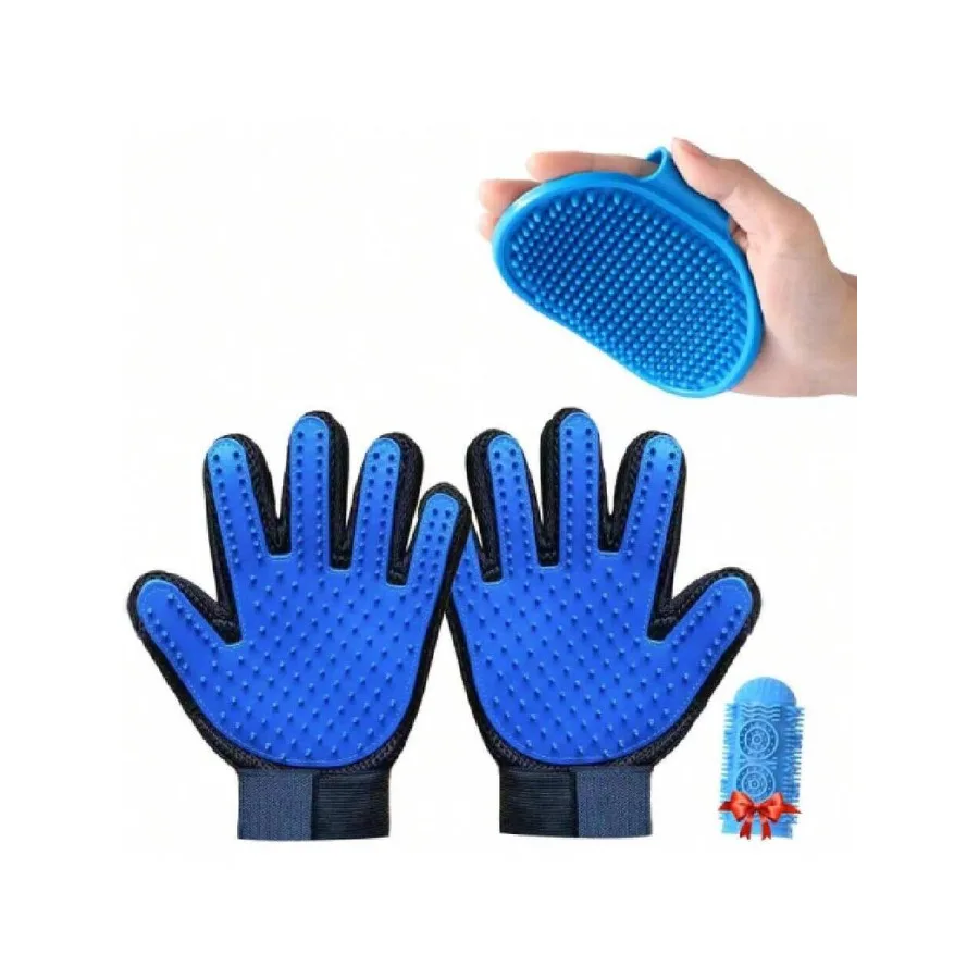 

【New Arrival】Dual-Sided Pet Grooming Gloves, Blue Deshedding Mitt with Bonus Bath Brush for Dogs, Cats & Small Pets