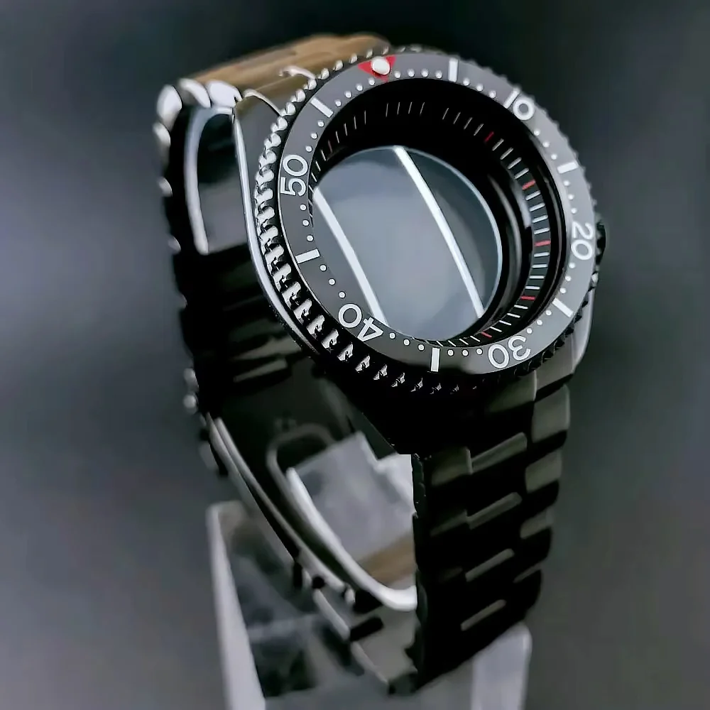 42 مللي متر حافظة ساعات رجالية فضي/أسود لديها حلقة فولاذية تناسب NH35 NH36 صندوق ساعة طائرة من الفولاذ المقاوم للصدأ حزام زجاجي 22 مللي متر
